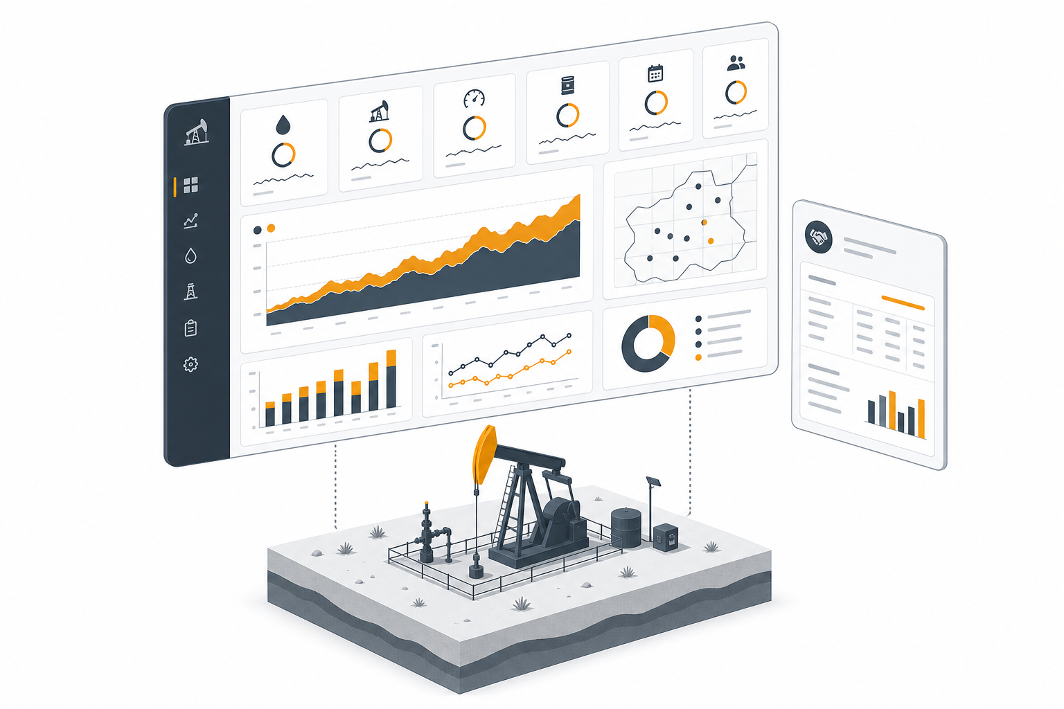 OilSiphon operator dashboard with KPI tiles, production charts, and partner statement, sitting above a Permian pumpjack